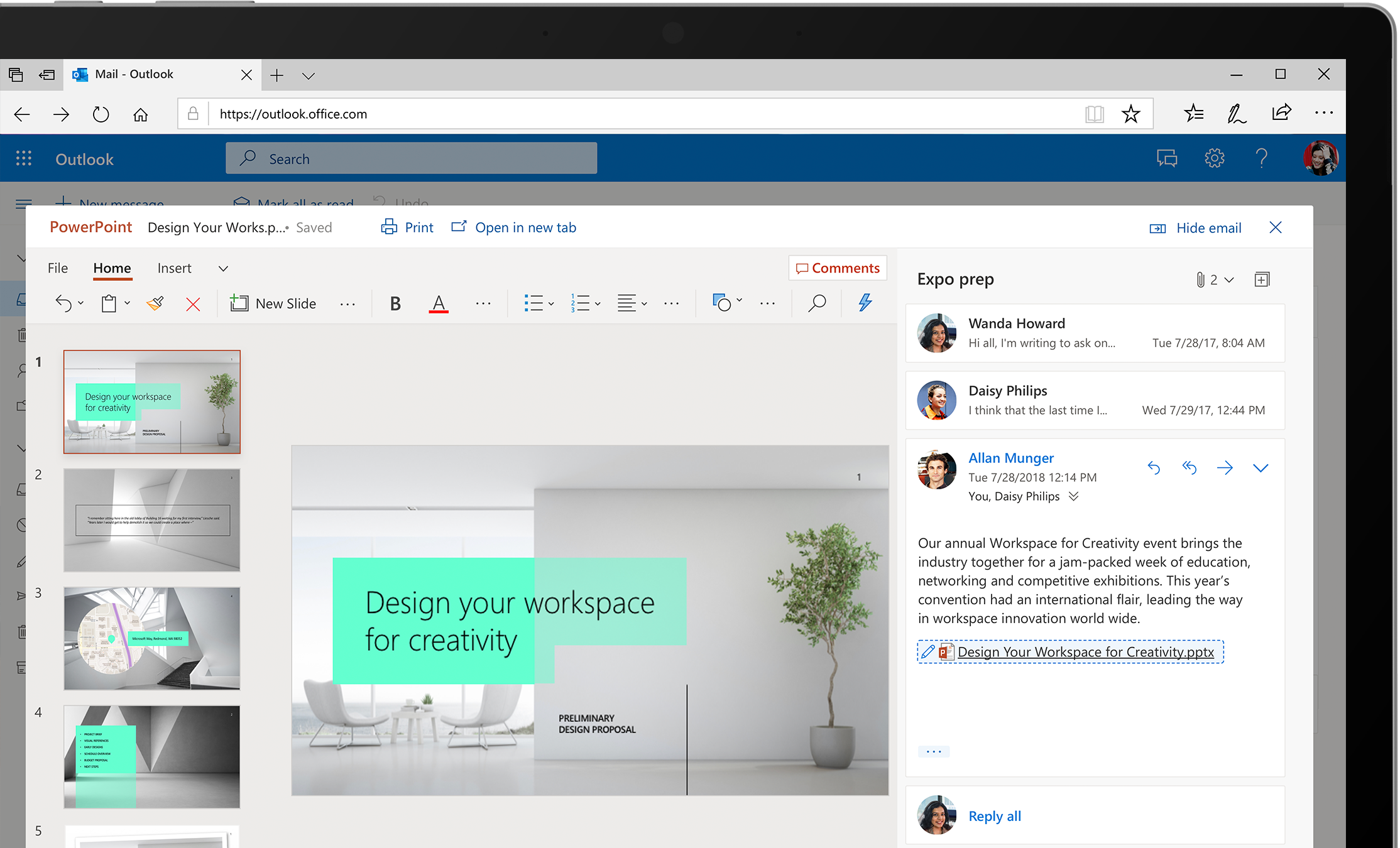 Outlook в веб-календаре перекрывает окно PowerPoint дополнительной информацией. Оба варианта отображаются на ноутбуке или планшете.