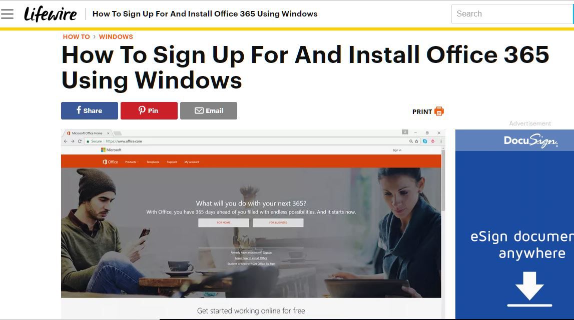 Скриншот из статьи Lifewire Как зарегистрировать и установить Office 365 с помощью Windows.